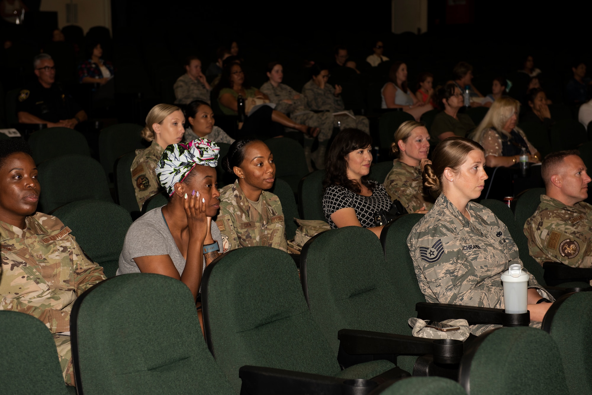 Members of Team Travis listen to a ‘Rosie the Riveter’ presentation June 25, 2019, at Travis Air Force Base, California. The presentation featured the stories of four women known as ‘Rosie the Riveter’ as they worked as welders in the Richmond, California, Kaiser Shipyard during World War II. During a visit to Travis AFB, the women met with 60th Air Mobility Wing leadership, had lunch with Airmen and shared their experiences. (U.S. Air Force photo by Tech. Sgt. James Hodgman)