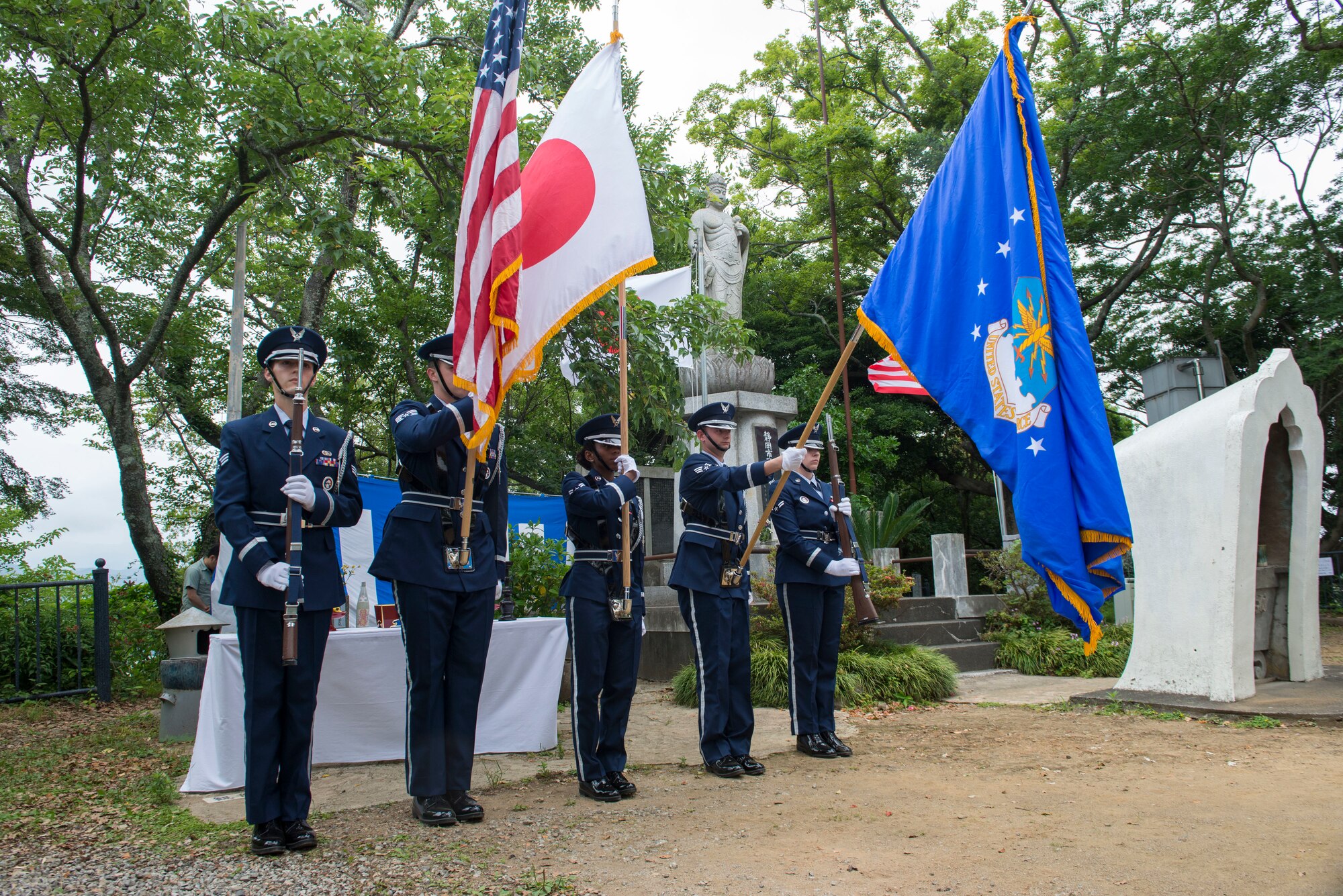 Yokota Air Base, Japan, Honor Guardsmen present the colors during the 47th annual B-29 Memorial Ceremony, at Sengen Shrine in Shizuoka City, Japan, June 22, 2019.