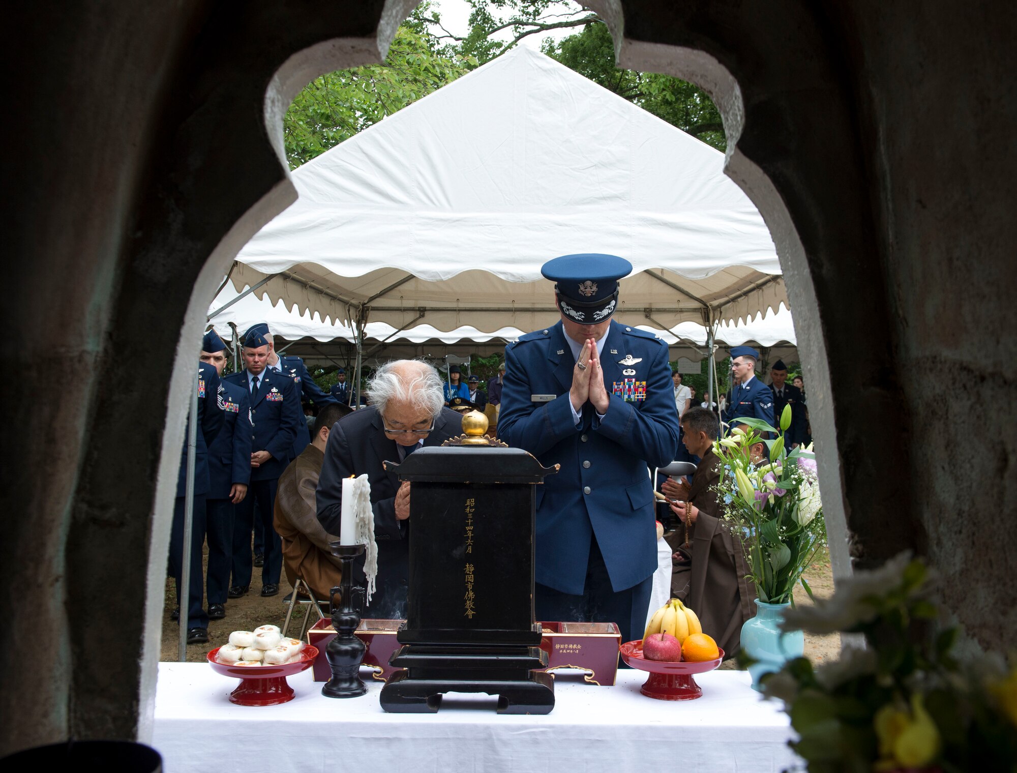 Dr. Hiroya Sugano, B-29 Memorial Ceremony host (left), and Col. Jason Mills, 374th Airlift Wing vice commander, take part in an incense offering ceremony during the 47th annual B-29 Ceremony at Sengen Shrine in Shizuoka City, Japan, June 22, 2019.