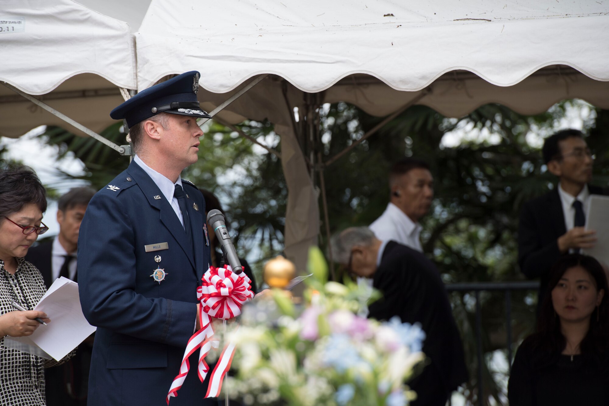 Col. Jason Mills, 374th Airlift Wing vice commander, speaks during the ceremony at Sengen Shrine in Shizuoka City, Japan, June 22, 2019.