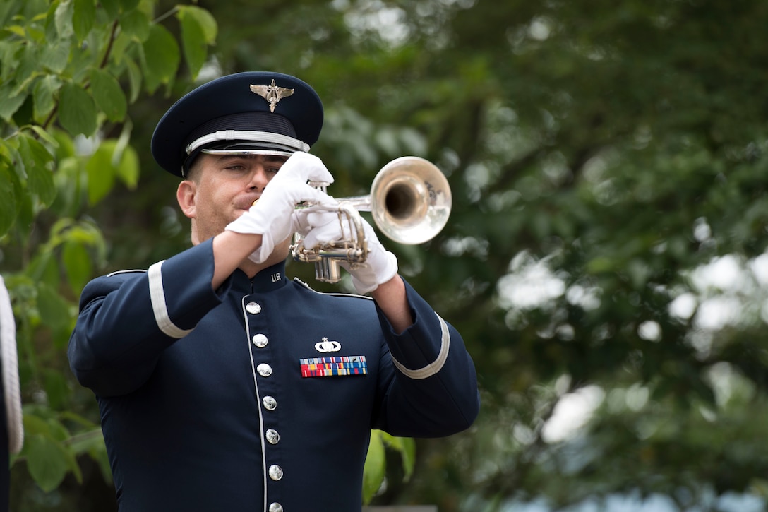 Staff Sgt. David Wuchter, U.S. Air Force Band of the Pacific trumpeter, renders ‘Taps’ during the 47th annual B-29 Memorial Ceremony at Sengen Shrine in Shizuoka City, Japan, June 22, 2019.