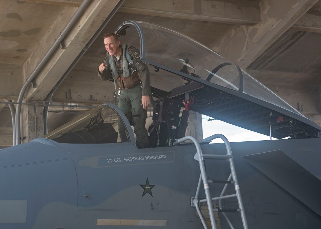 U.S. Air Force Brig. Gen. Case A. Cunningham, 18th Wing commander, completes his fini-flight at Kadena Air Base, Japan, June 27, 2019.