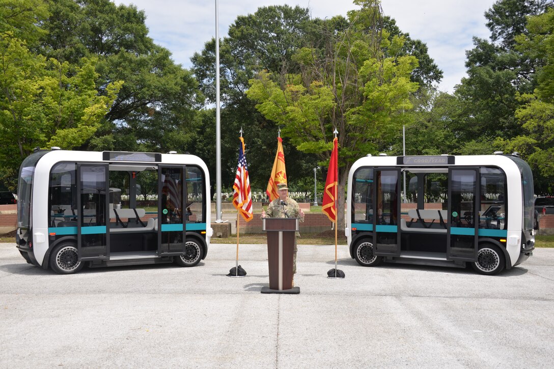Maj. Gen. Anthony Funkhouser, U.S. Army Corps of Engineers (USACE) deputy commanding general for military and international operations,  gives the keynote address regarding USACE Engineer Research and Development Center's (ERDC) innovative research in autonomous vehicle technology June 19, 2019, at the launch event for a fleet of autonomous shuttles called Olli on Joint Base Meyers-Henderson Hall (JBM-HH). Olli will provide service on JBM-HH for 90 days as part of a pilot project in autonomous vehicle technology for which ERDC is the research lead. Photo taken by Louie Wein, Headquarters USACE.