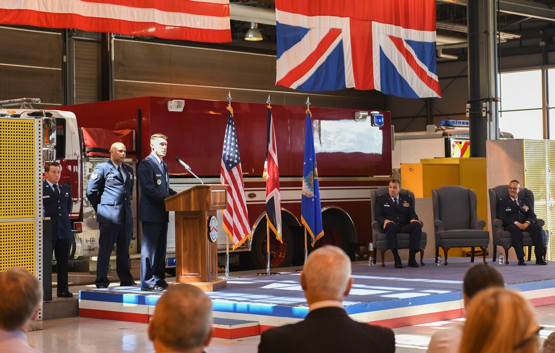 U.S. Air Force  Lt. Col. Brian Beauter, 423rd Communications Squadron commander, makes a speech at RAF Alconbury, England, June 21, 2019. The change of command ceremony has been conducted throughout history so soldiers could identify their commander in the field.(U.S. Air Force photo by Senior Airman Chase Sousa)
