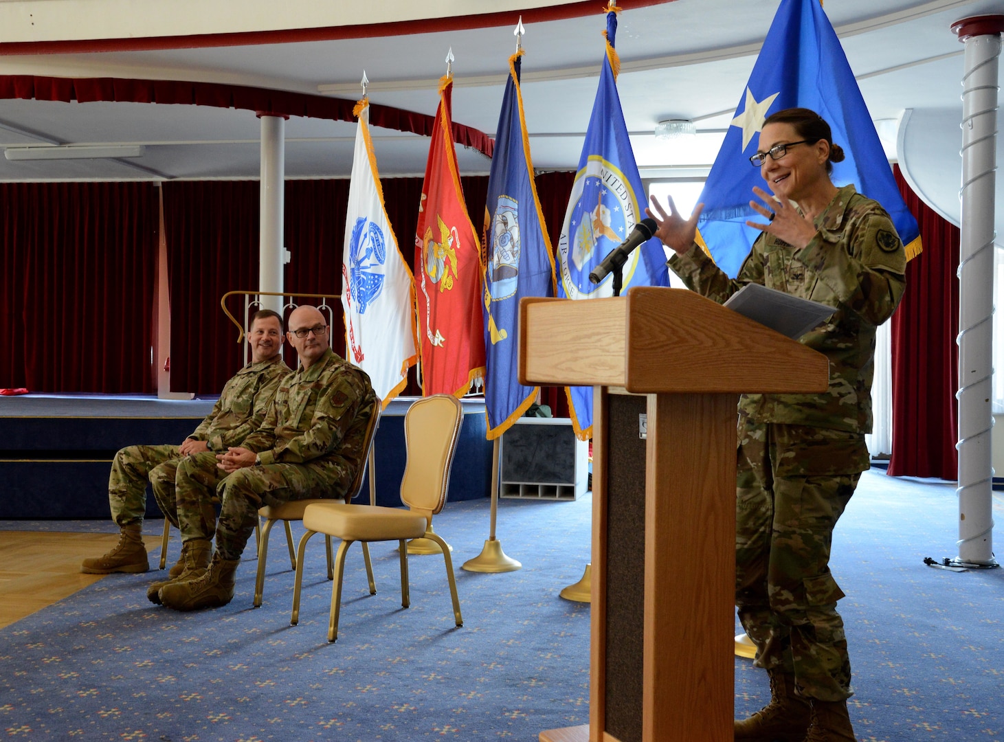 Army Col. Krista Hoffman, DLA Europe & Africa commander, speaks during a change of command ceremony June 26 in Kaiserslautern, Germany.