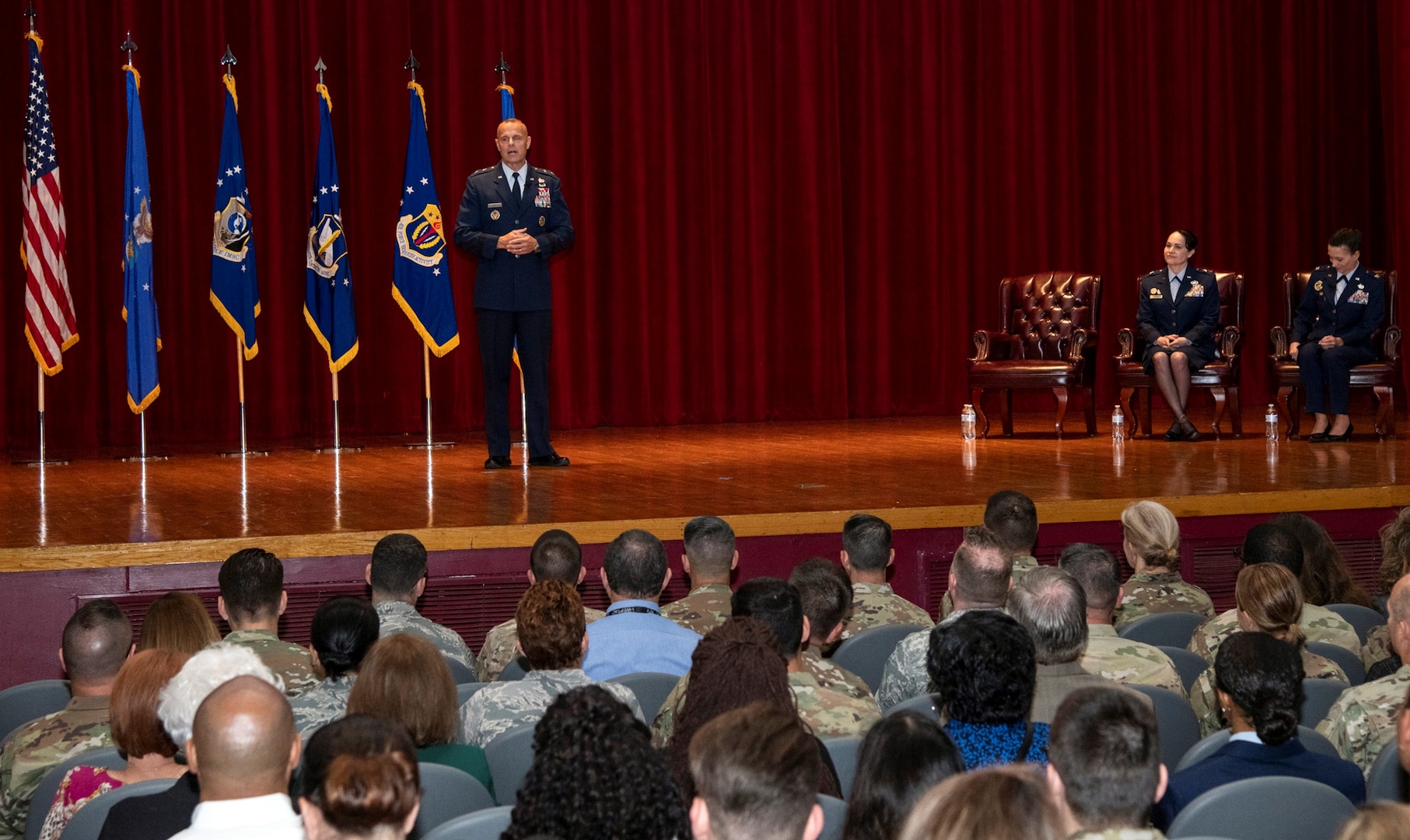 Maj. Gen. Brad Spacy, commander of the Air Force Installation and Mission Support Center, talks to those gathered for a special unit re-designation ceremony June 25 at Joint Base San Antonio-Lackland. During the ceremony, AFIMSC formerly re-designated the Air Force Installation Contracting Agency as the Air Force Installation Contracting Center, and the Air Force Services Activity as the Air Force Services Center. The re-designation of the two primary subordinate units brings them in line with Air Force naming conventions.