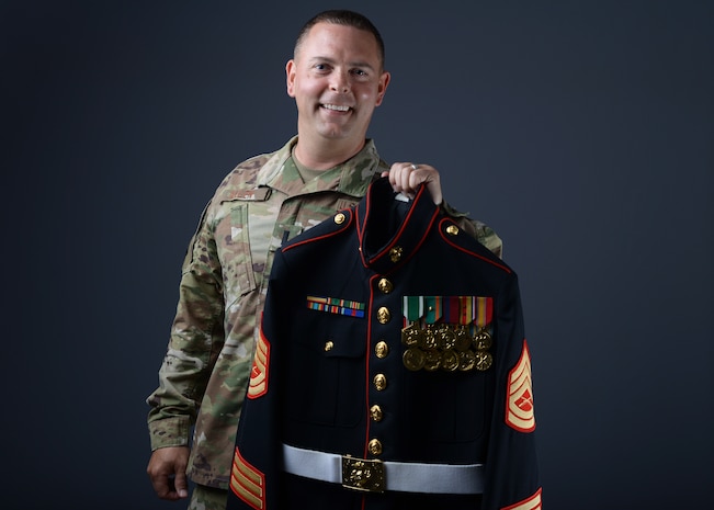 1st Lt. Ryan Allen, 56th Mission Support Group executive officer, poses with his Marine Corps dress blue uniform June 25, 2019, at Luke Air Force Base, Ariz.