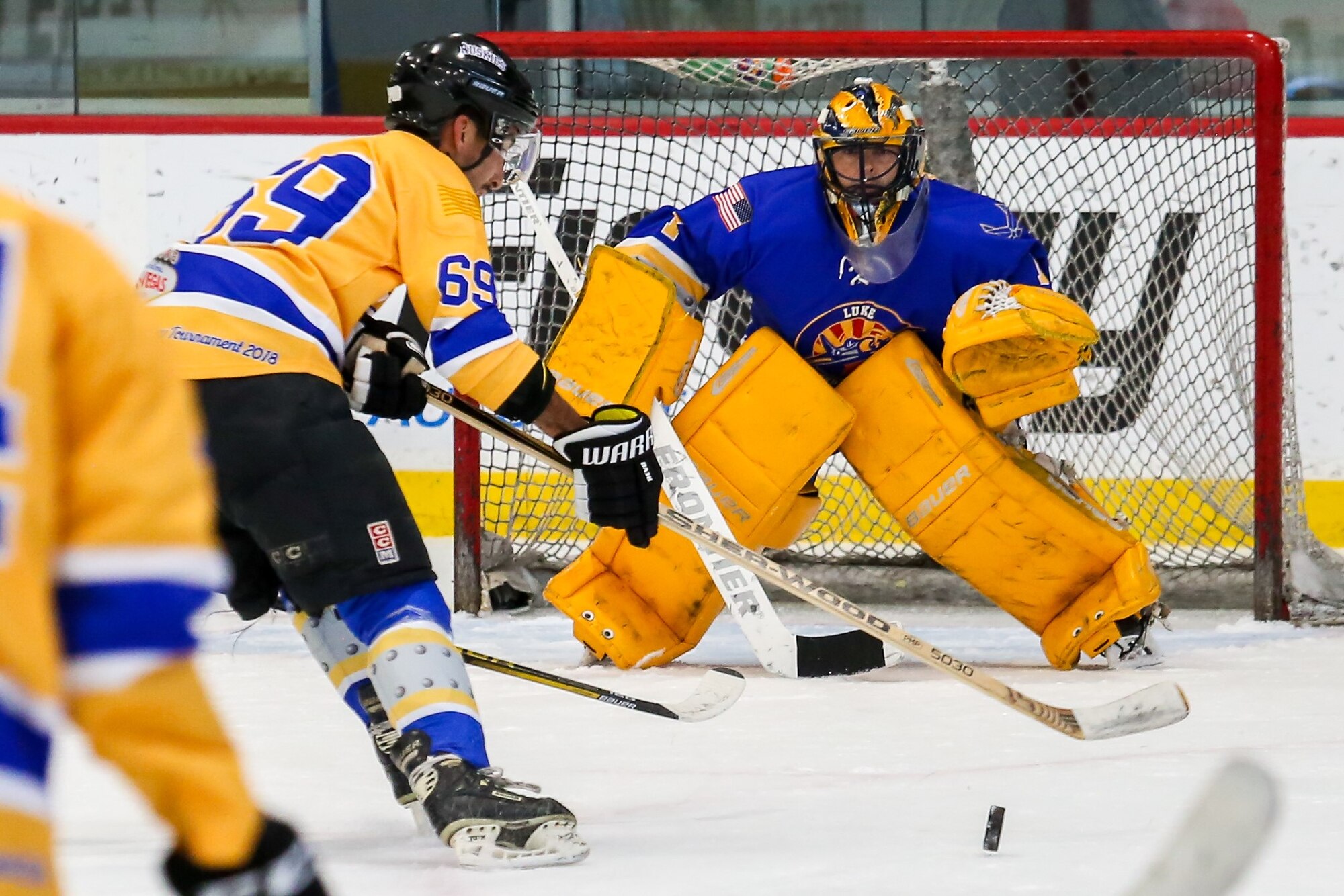 1st Lt. Ryan Allen, 56th Mission Support Group executive officer, prepares to face a shot during game three of the 2018 Armed Services Hockey Championships, Nov. 7-11, 2018, in Las Vegas.