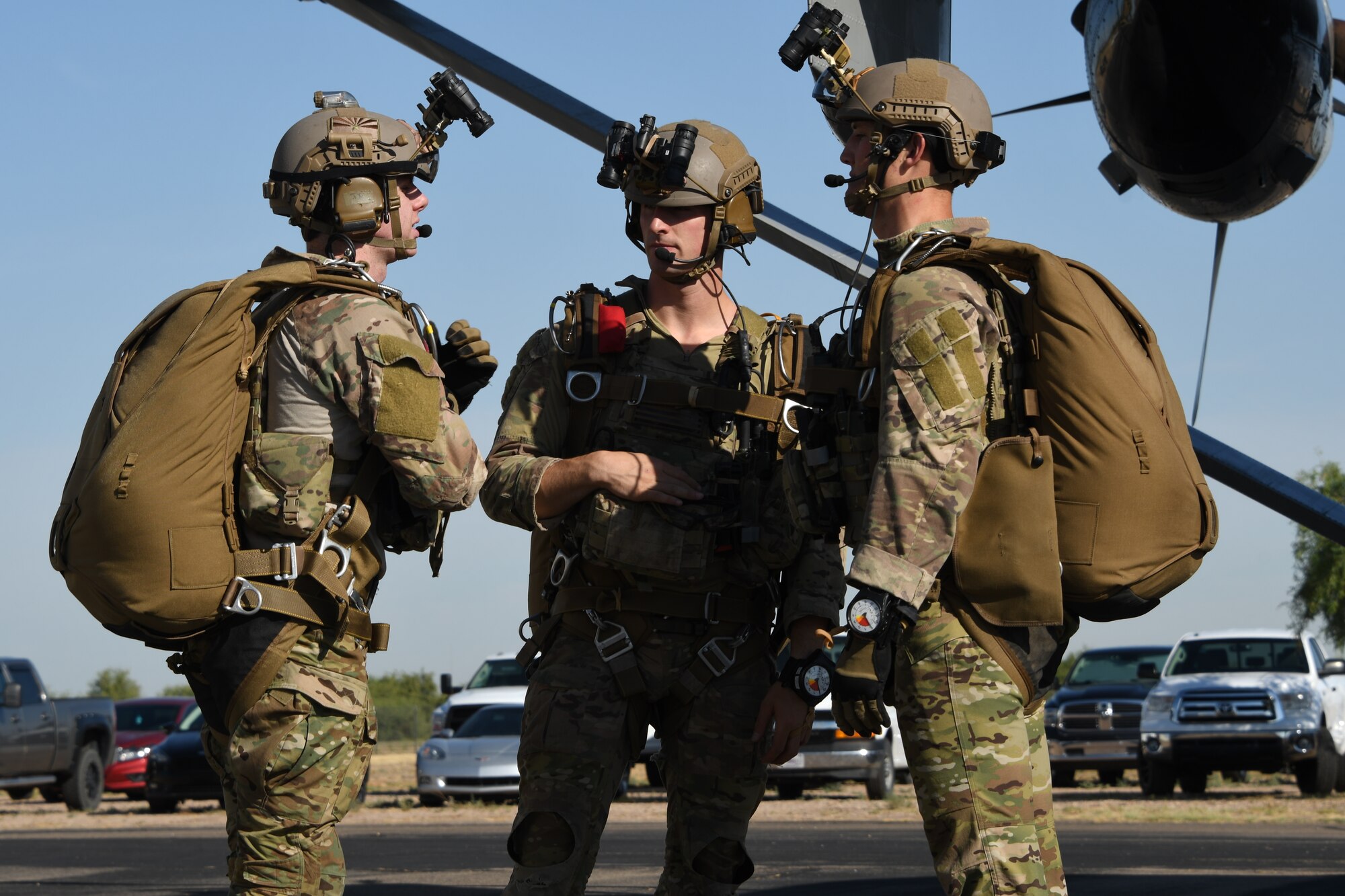 U.S. Air Force pararescuemen prepare for their five-level upgrade jump training at the Marana Regional Airport, Ariz., June 26, 2019.