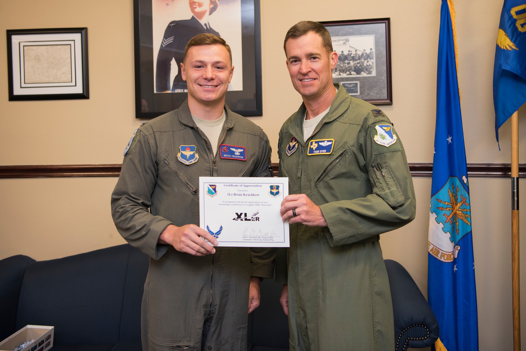 First Lieutenant Brian Kruchkow, 434th Flying Training Squadron T-6A Texan II instructor pilot, was chosen by wing leadership to be the “XLer” of the week, for the week of June 17, 2019, at Laughlin Air Force Base, Texas. The “XLer” award, presented by Col. Todd Dyer, 47th Flying Training Wing vice commander, is given to those who consistently make outstanding contributions to their unit and the Laughlin mission. (U.S. Air Force photo by Airman 1st Class Marco A. Gomez)
