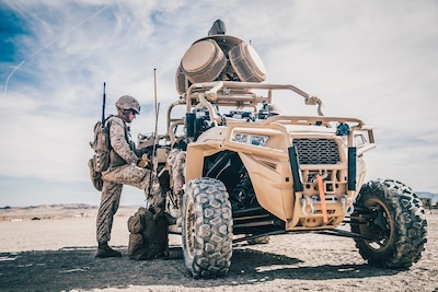 A Marine conducts pre-deployment training and evaluation. Additionally, Marines are evaluating the Compact Laser Weapons System, the first ground-based laser approved by the Department of Defense for use by warfighters, as another potential C-UAS defeat capability. (U.S. Marine Corps photo by Lance Cpl. Dalton S. Swanbeck)