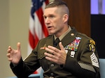 Sgt. Maj. of the Army Daniel Dailey speaks about retention and academic credentialing at the AUSA Institute of Land Warfare breakfast June 26 in Arlington, Virginia.