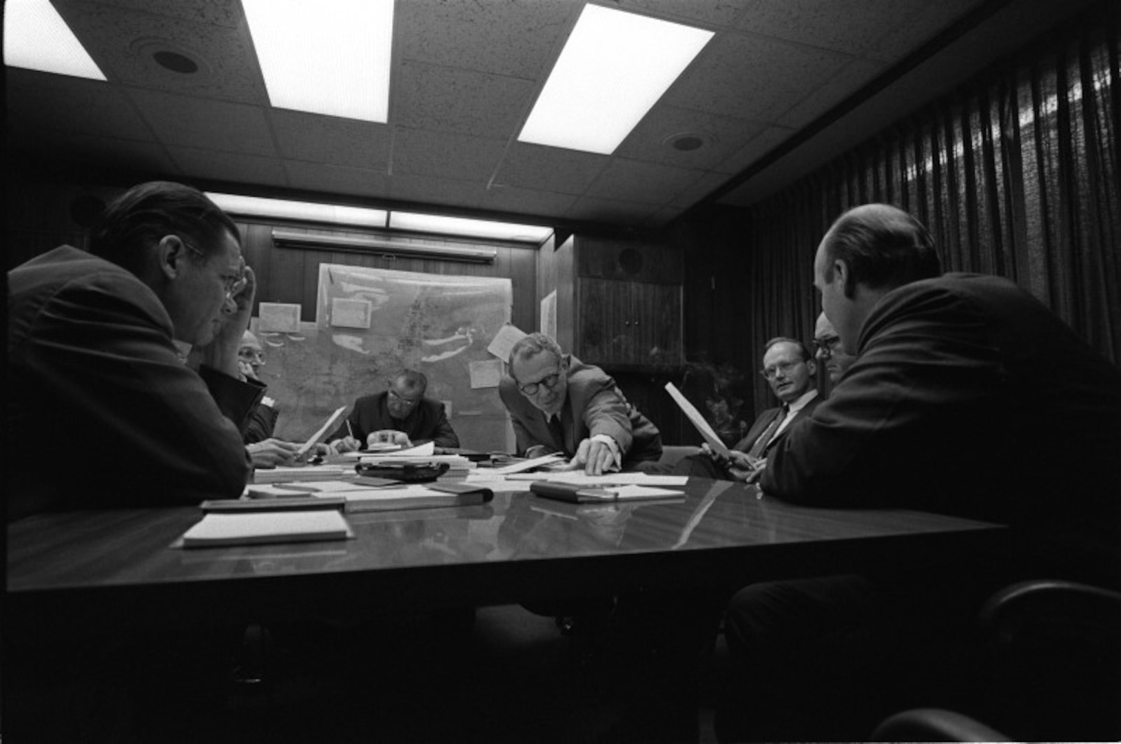 President Lyndon B. Johnson consults with advisors on events in the Arab-Israeli Six Day War. Photo courtesy of the Lyndon B. Johnson Presidential Library.