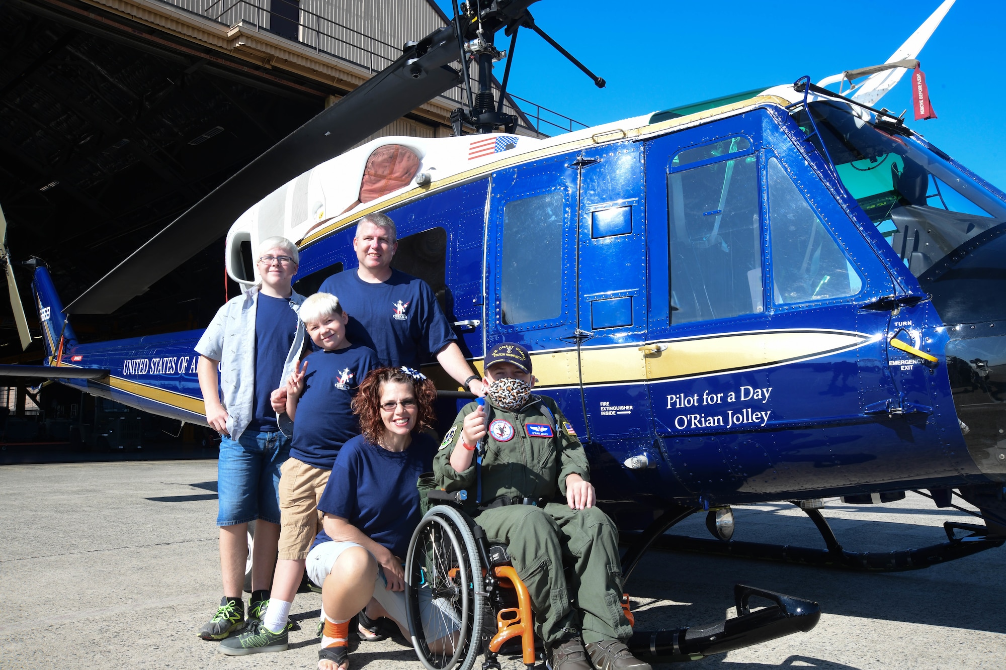 O’Rian Jolley, The Check-6 Foundation pilot for a day, and his family visit the 1st Helicopter Squadron on Joint Base Andrews, June 26, 2019. Diagnosed with hydrocephalus, severe gastro-esophageal reflux and most recently an extremely rare primary carnitine deficiency and mitochondrial diseases of the brain, O’Rian was selected to be an honorary pilot to experience a day at JBA and the National Harbor, with the help of The Check-6 Foundation and volunteer military and civilian members who work on JBA. (U.S. Air National Guard photo by Erica Flores)