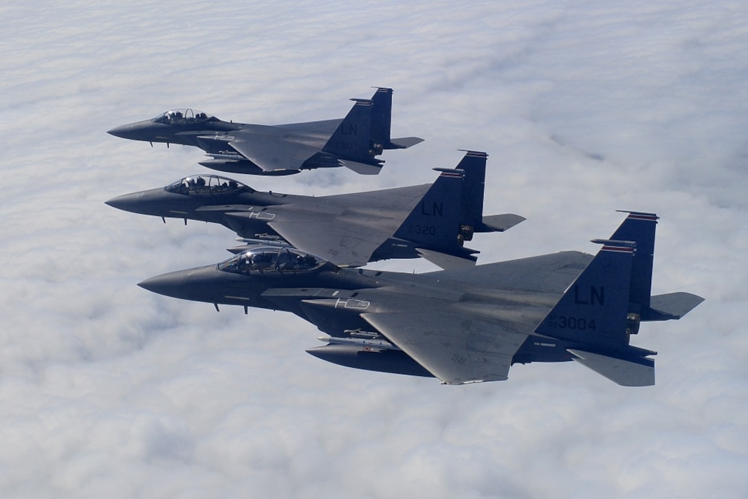 F-15E Strike Eagles assigned to the 494th Fighter Squadron conduct ...