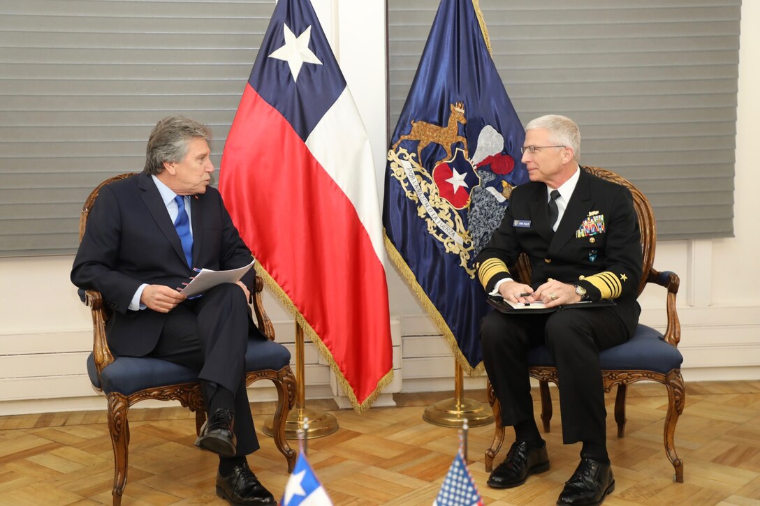 Navy Adm. Craig Faller, meets with Chilean Minister of Defense Alberto Espina in Chile.