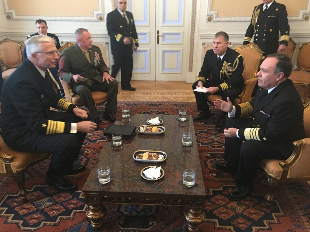 Navy Adm. Craig Faller, meets with Vice Adm. Marcelo Gomez Garcia, commander, Chilean Navy Operations.