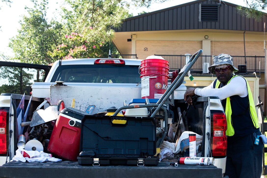 Rodney Gosier, construction worker, takes a break during a storm-drain construction project, June 26, 2019, at Moody Air Force Base, Ga. This construction will benefit the base by alleviating flooding, preventing deterioration and erosion and saving money. (U.S. Air Force photo by Senior Airman Erick Requadt)