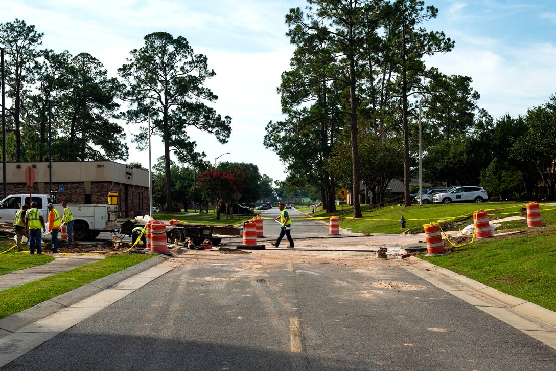 Construction workers apply foundation prior to laying cement during a storm-drain construction project, June 27, 2019, at Moody Air Force Base, Ga. The 23d Civil Engineer Squadron spent $41,000 to improve the drainage system to prevent safety hazards caused by standing water. (U.S. Air Force photo by Senior Airman Erick Requadt)