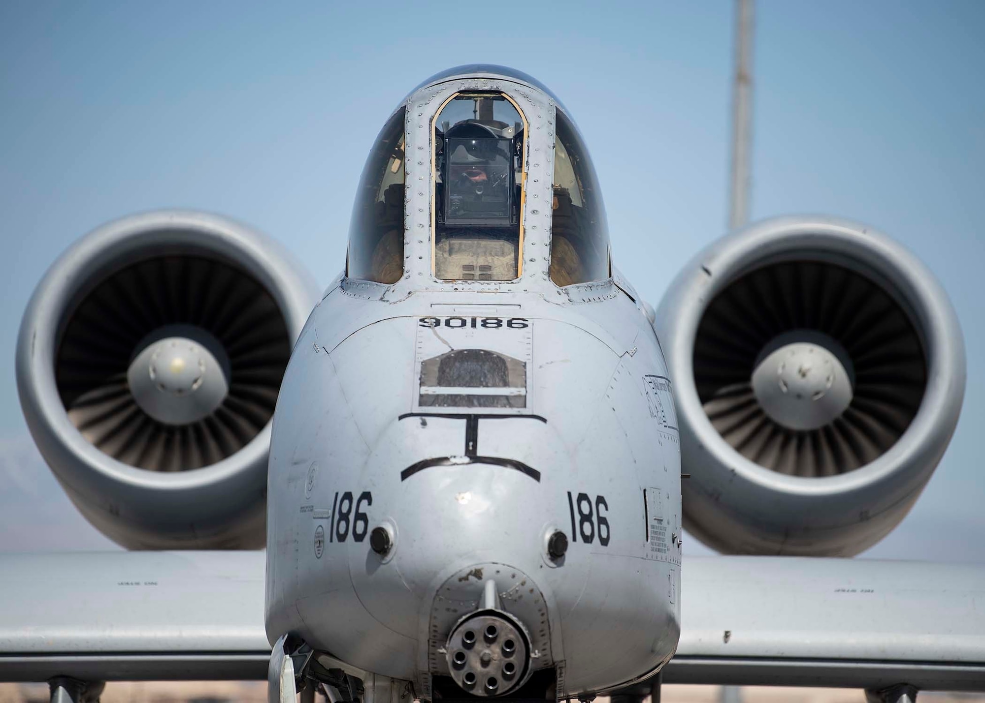 Lt. Col. James Kappes, 6th Combat Training Squadron director of operations, prepares to launch from Nellis Air Force Base, Nev., June 21, 2019. The A-10 Thunderbolt II has excellent maneuverability at low air speeds and altitude, and is a highly accurate and survivable weapons-delivery platform. (U.S. Air Force photo by Airman 1st Class Bryan Guthrie)