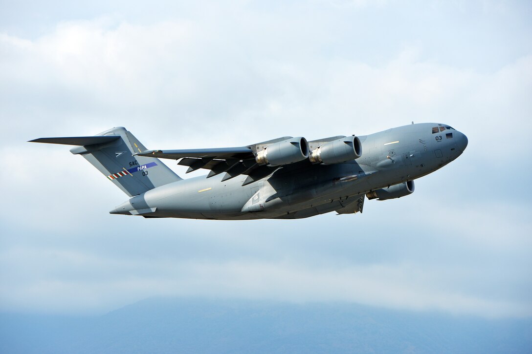 (Archive Photo) A C17 Globemaster III Aircraft from Papa Air Base, Hungary, takes off from Aviano Air Base, Italy, Oct. 18, 2016 for heavy drop into the Bunker drop zone, Grafenwoehr, Germany as a part of Peacemaster Unity training. Peacemaster Unity is Joint multinational readiness exercise including participation from 7 nations conducting missions across 3 countries, delivering over 2000 troops and 20 heavy drops. The 173rd Airborne Brigade is the U.S. Army Contingency Response Force in Europe, capable of projecting ready forces anywhere in the U.S. European, Africa or Central Commands' areas of responsibility within 18 hours. (U.S. Army Photos by Visual Information Specialist Paolo Bovo/Released)