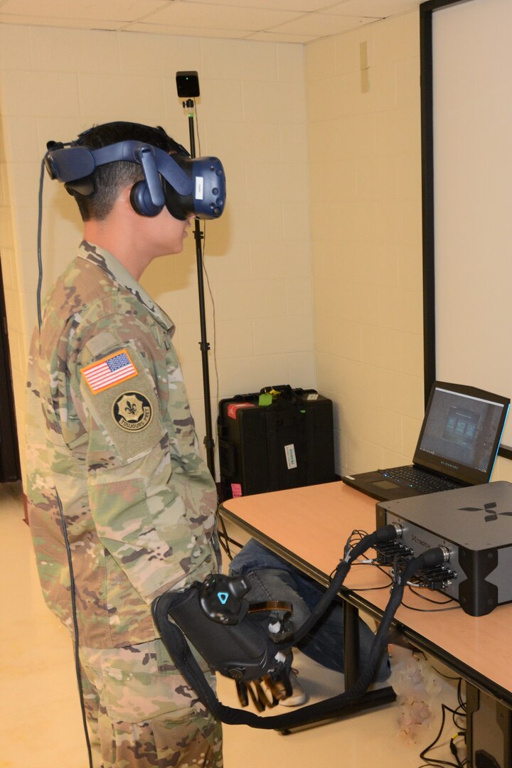 A cadre member of the 32nd Medical Brigade, Heath Readiness Center of Excellence, participates in a HaptX usability study using Tactical Combat Casualty Care Simulation, or TC3Sim, medical trainer scenarios. The study, funded by Army Futures Command, Simulation and Training Technology Center was conducted June 19-20 at Joint Base San Antonio-Fort Sam Houston.