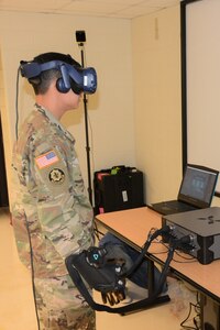 A cadre member of the 32nd Medical Brigade, Heath Readiness Center of Excellence, participates in a HaptX usability study using Tactical Combat Casualty Care Simulation, or TC3Sim, medical trainer scenarios. The study, funded by Army Futures Command, Simulation and Training Technology Center was conducted June 19-20 at Joint Base San Antonio-Fort Sam Houston.
