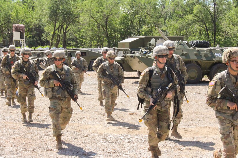 A platoon of U.S. Army Soldiers assigned to the Arizona Army National Guard's 1st Battalion, 158th Infantry Regiment conduct a tactical foot patrol at Chilikemer Training Area near Almaty, Kazakhstan, June 23, 2019, as part of exercise Steppe Eagle 19. Steppe Eagle 19 is an annual U.S. Army Central-led exercise that promotes regional stability and interoperability in the Central and South Asia region.