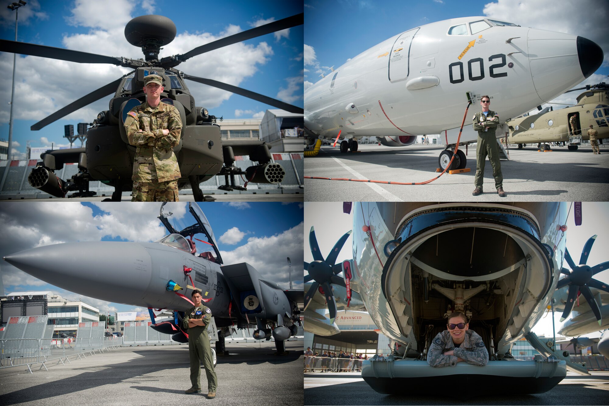 U.S. service members from the U.S. Navy, U.S. Army, U.S. Air Force, and U.S. Air National Guard pose with aircraft from their respective units at the Paris Air Show, which was held June 17-23, 2019. Clockwise, from top left, U.S. Army 1st Lt. Ryan Johnson, Bravo Troop, 1st Squadron, 6th Cavalry Regiment, 1st Combat Aviation Brigade, 1st Infantry Division, stationed at Fort Riley, Kan., U.S. Navy Lt. Adam Anderson, a mission commander from Patrol Squadron 9, Combat Aircrew 3, Naval Air Station Whidbey Island, Wash., U.S. Air National Guard Staff Sgt. Jennatte Berger, an avionics technician from the 109th Airlift Wing at Stratton Air National Guard Base in Scotia, N.Y., and U.S. Air Force 1st Lt. Brandon "Animal" Shelley, a 492nd Fighter Squadron weapon systems officer from the 48th Fighter Wing at Royal Air Force Lakenheath, England, were each participating in an international air show for the first time. (U.S. Air Force photos by Master Sgt. Eric Burks)