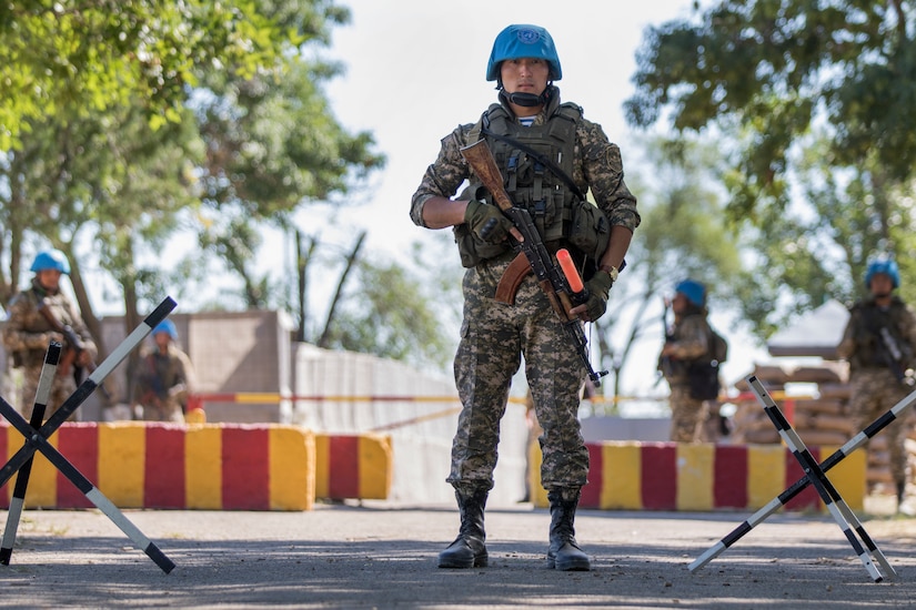 Kazakhstani soldiers maintain security at a patrol base at Chilikemer Training Area near Almaty, Kazakhstan during Exercise Steppe Eagle 19, June 25, 2019. Steppe Eagle 19 is an annual U.S. Army Central-led exercise that promotes regional stability and interoperability in the Central and South Asia region.