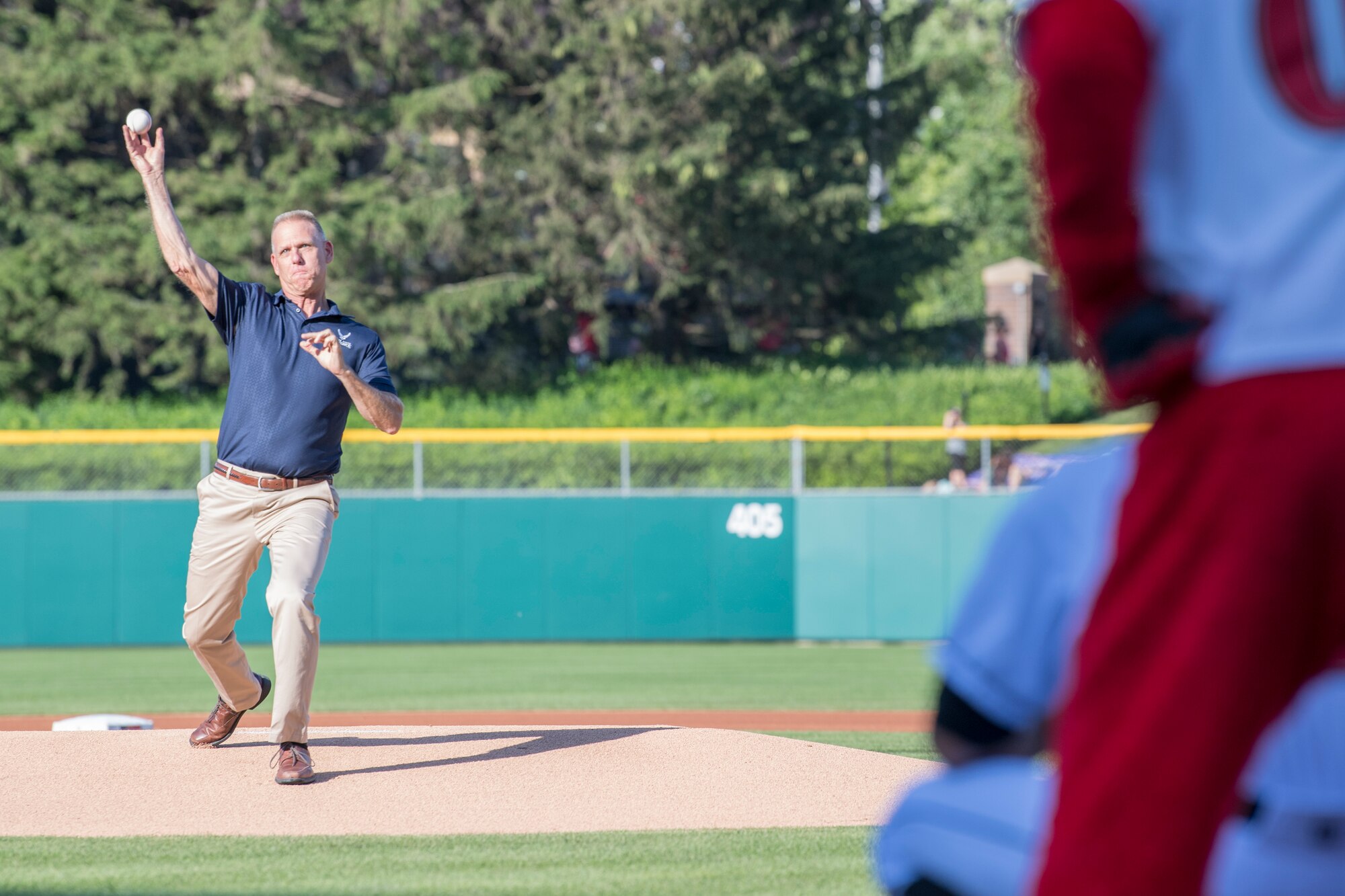 Col. Larry Shaw, 434th Air Refueling Wing commander, winds up to deliver the first pitch June 25, 2019 at an Indianapolis Indians home game. Shaw joined Air Force Reserve recruiters to make a pitch to future Airmen to join the 434th ARW. (U.S. Air Force photo/Benjamin Mota)