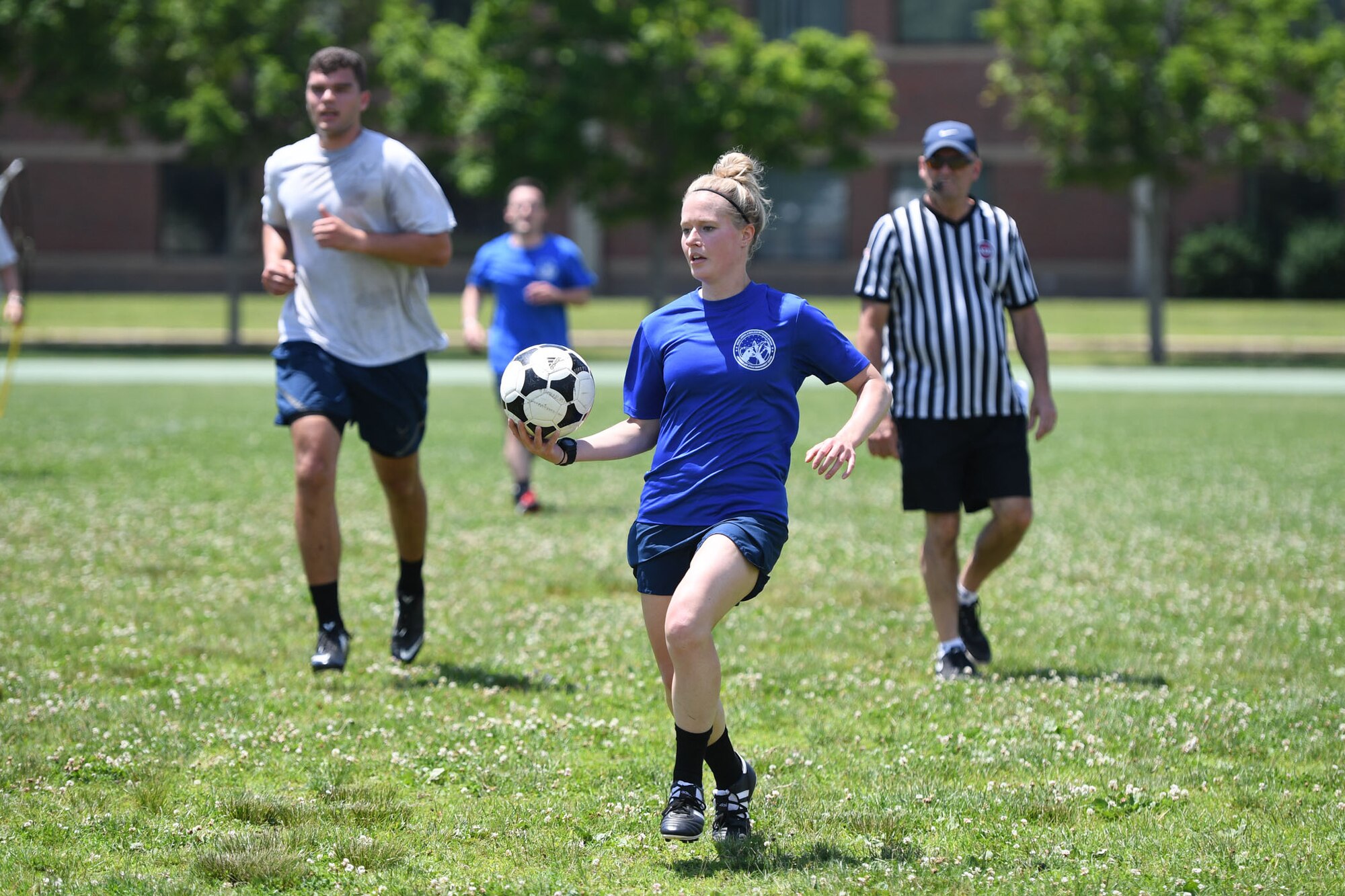 Capt. Erin Wilson, Tactical Data Network Enterprise program manager, participates in a gatorball tournament during the Commander’s Cup Challenge at Hanscom Air Force Base, Mass., June 27.