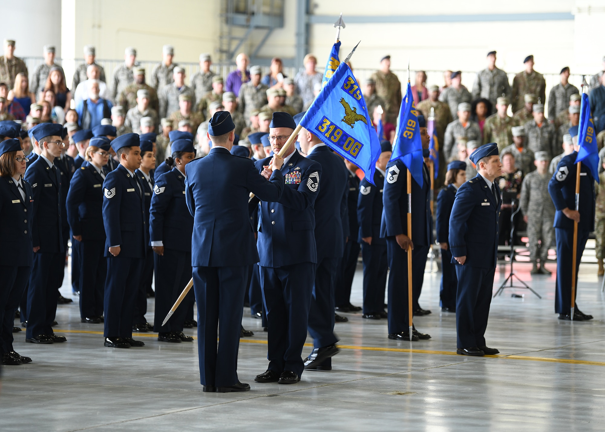 The 319th Operations Group guidon replaces that of the 69th Reconnaissance Group June 28, 2019, on Grand Forks Air Force Base, North Dakota.