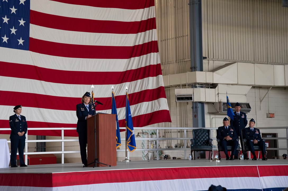 Maj. Gen. Mary O’Brien, 25th Air Force commander, offers remarks to the crowd during a change of command ceremony June 28, 2019, on Grand Forks Air Force Base, North Dakota.