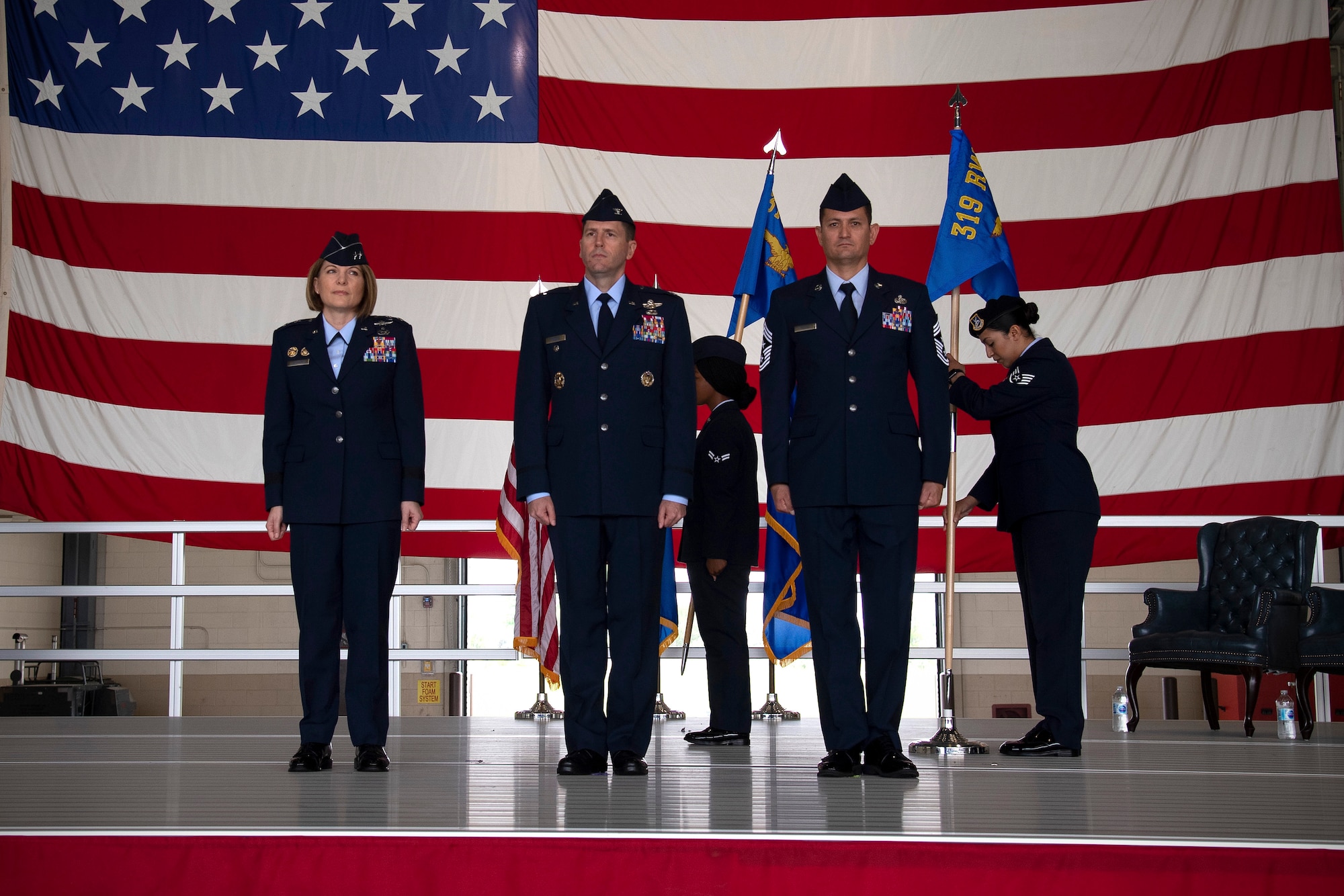 The 319th Reconnaissance Wing guidon replaces that of the 319th Air Base Wing June 28, 2019, on Grand Forks Air Force Base, North Dakota, officially marking the base’s main mission as reconnaissance.