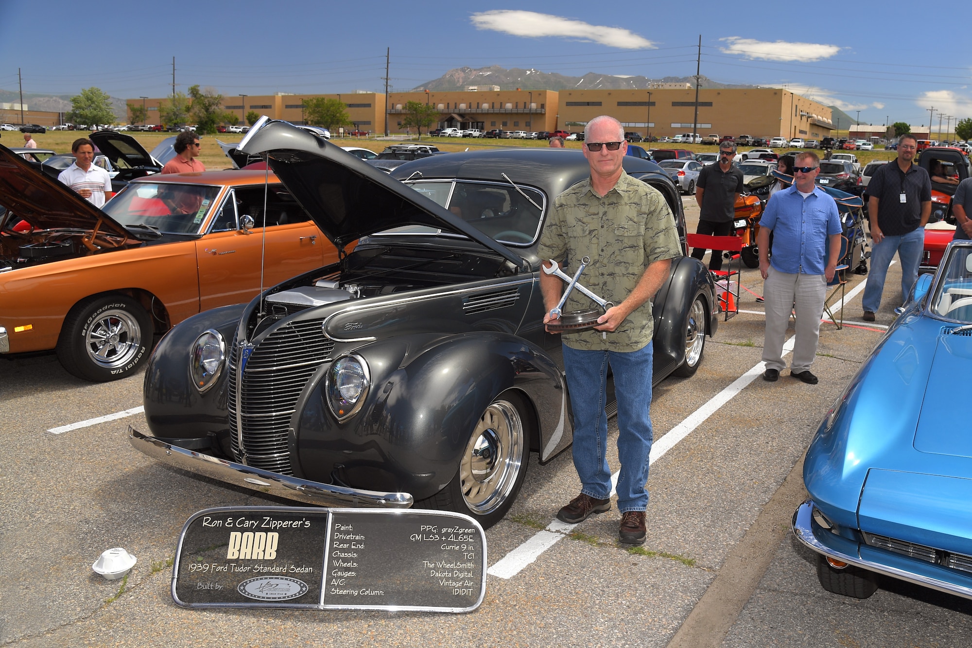 Ron Zipperer, Foreign Military Sales program manager, won ‘Best in Show’ with his 1939 Ford Tudor Standard Sedan at a car show and barbecue hosted by the Foreign Military Sales organization at Hill Air Force Base, Utah, June 27, 2019. The custom street rod sports a 430 horsepower corvette LS3 engine, custom chassis, drive train, suspension and brakes.  (U.S. Air Force photo by Todd Cromar)