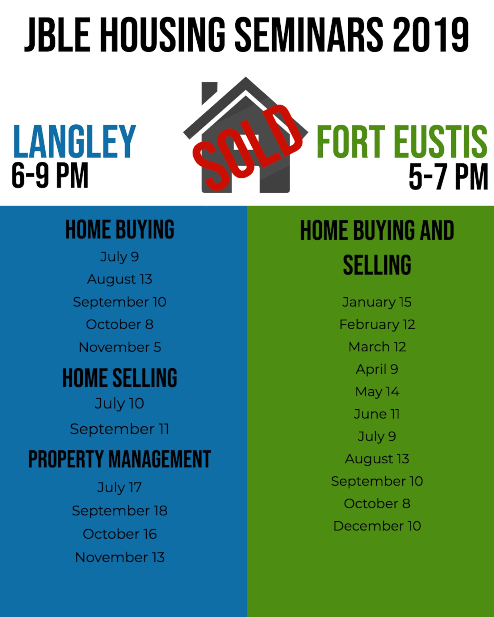 Joint Base Langley-Eustis, Virginia, offers free monthly housing seminars to base members who are preparing to buy a new home, sell a home or manage property.