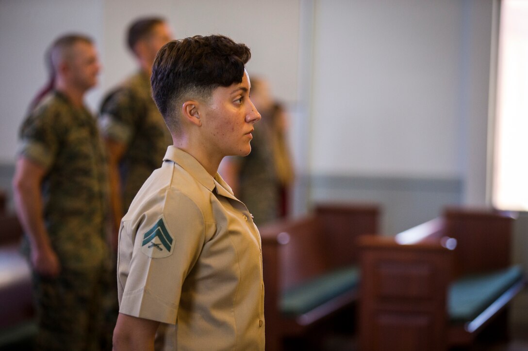 U.S. Marines stationed at Marine Corps Air Station (MCAS) Yuma graduate from Corporals Course 6-19 at the station chapel on MCAS Yuma, Ariz., June 21, 2019. Corporals Course is a 3-week long professional military education class designed to teach Marine Corporals the fundamentals of being a noncommissioned officer and the leadership skills necessary to lead Marines. (U.S. Marine Corps photo by Lance Cpl. John Hall)