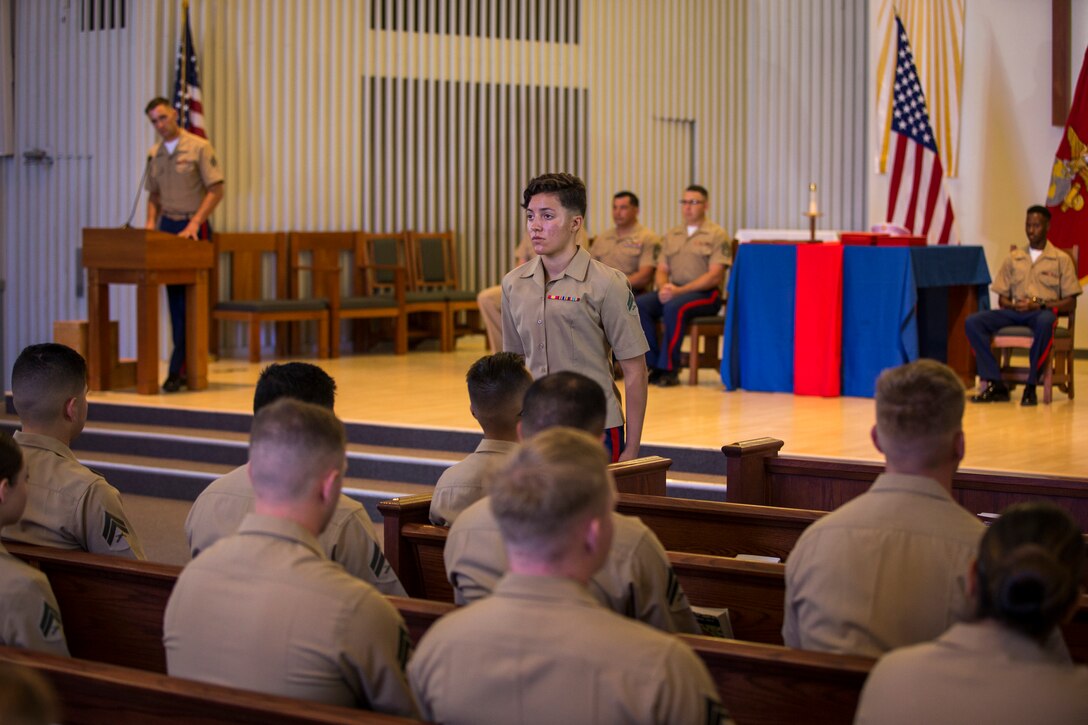 U.S. Marines stationed at Marine Corps Air Station (MCAS) Yuma graduate from Corporals Course 6-19 at the station chapel on MCAS Yuma, Ariz., June 21, 2019. Corporals Course is a 3-week long professional military education class designed to teach Marine Corporals the fundamentals of being a noncommissioned officer and the leadership skills necessary to lead Marines. (U.S. Marine Corps photo by Lance Cpl. John Hall)