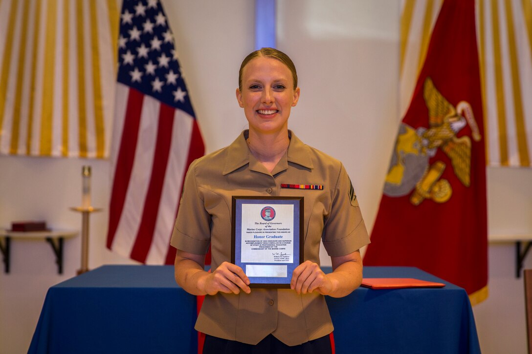 U.S. Marines stationed at Marine Corps Air Station (MCAS) Yuma graduate from Corporals Course 6-19 at the station chapel on MCAS Yuma, Ariz., June 21, 2019. Corporals Course is a 3-week long professional military education class designed to teach Marine Corporals the fundamentals of being a noncommissioned officer and the leadership skills necessary to lead Marines. (U.S. Marine Corps photo by Lance Cpl. John Hall)