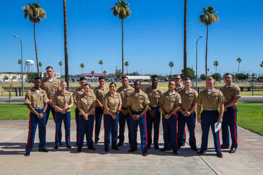 U.S. Marines stationed at Marine Corps Air Station (MCAS) Yuma graduate from Corporals Course 6-19 at the station chapel on MCAS Yuma, Ariz., June 21, 2019. Corporals Course is a 3-week long professional military education class designed to teach Marine Corporals the fundamentals of being a noncommissioned officer and the leadership skills necessary to lead Marines. (U.S. Marine Corps photo by Lance Cpl. John Hall)