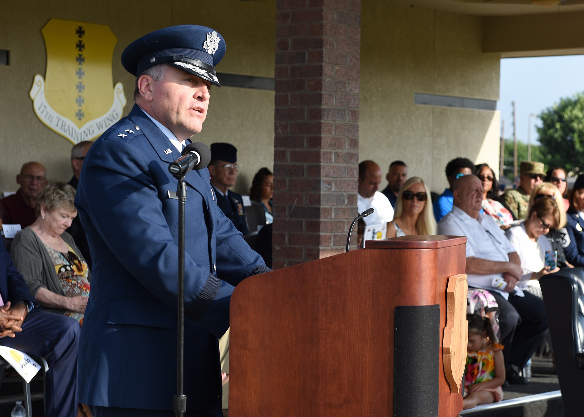 U.S. Air Force Maj. Gen. Timothy Leahy, Second Air Force commander, speaks during the 17th Training Wing change of command ceremony at the parade field on Goodfellow Air Force Base, Texas, June 28, 2019. Leahy presided over the ceremony, in which Col. Ricky Mills relinquished command to Col. Andres Nazario. (U.S. Air Force photo by Staff Sgt. Chad Warren/Released)
