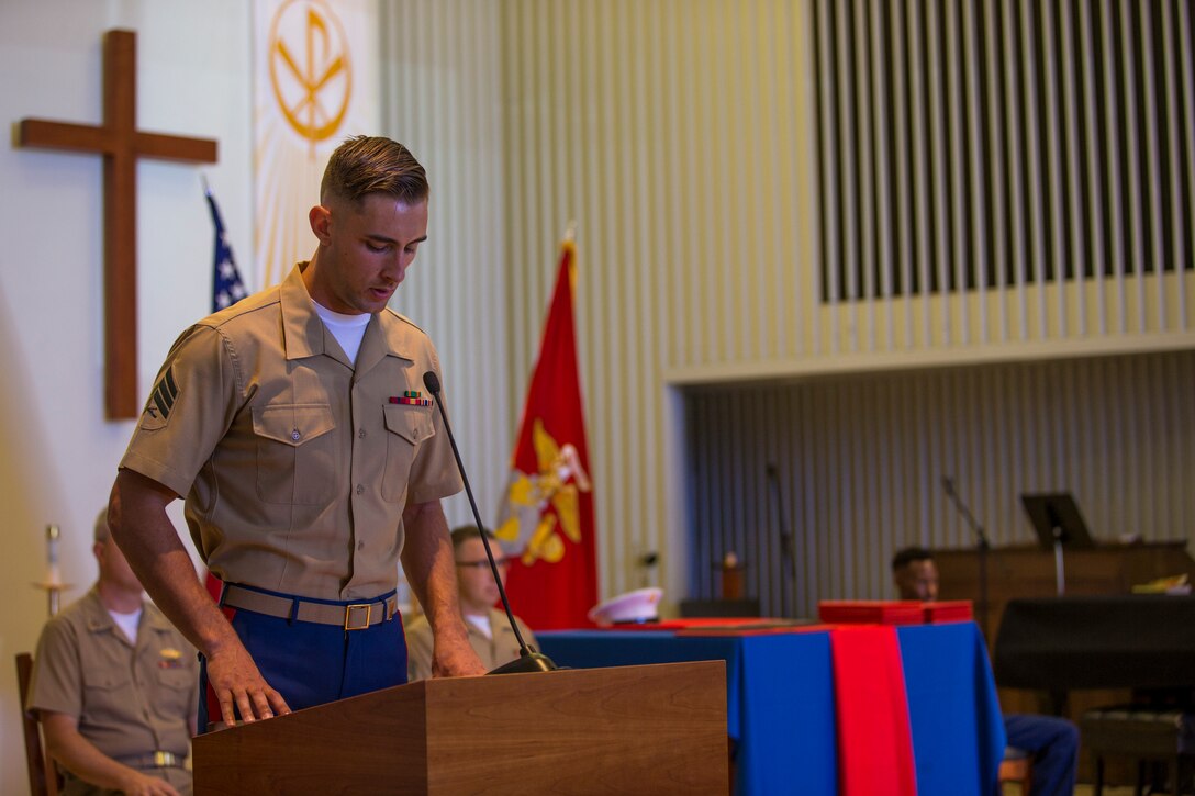 U.S. Marines stationed at Marine Corps Air Station (MCAS) Yuma graduate from Corporals Course 6-19 at the station chapel on MCAS Yuma, Ariz., June 21, 2019. Corporals Course is a 3-week long professional military education class designed to teach Marine Corporals the fundamentals of being a noncommissioned officer and the leadership skills necessary to lead Marines. (U.S. Marine Corps photo by Lance Cpl. John Hall)