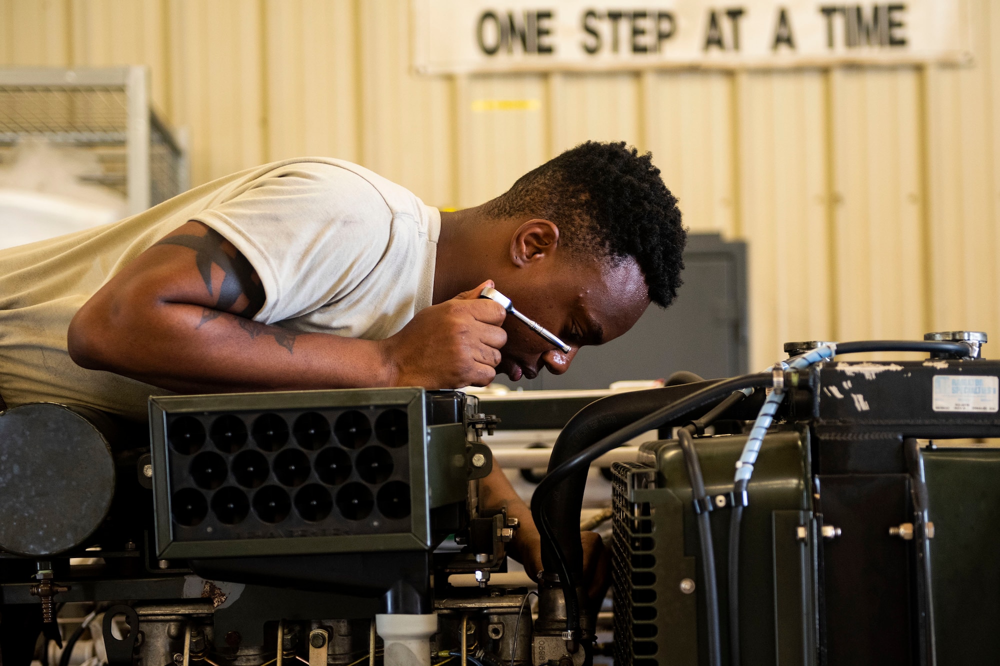 Airman 1st Class Davon Frazier, 23d Maintenance Squadron aerospace ground equipment (AGE) journeyman, performs repairs on a self-generating nitrogen servicing cart, June 21, 2019, at Moody Air Force Base, Ga. AGE maintains the equipment needed to repair the three airframes in the 23d Wing. To accomplish this, AGE is broken down into three main functions: inspections, maintenance and dispatch. The maintenance section troubleshoots and repairs the equipment the dispatch section can’t readily fix out on the flightline. The maintenance section averages approximately 800 jobs a month. (U.S. Air Force photo by Senior Airman Erick Requadt)