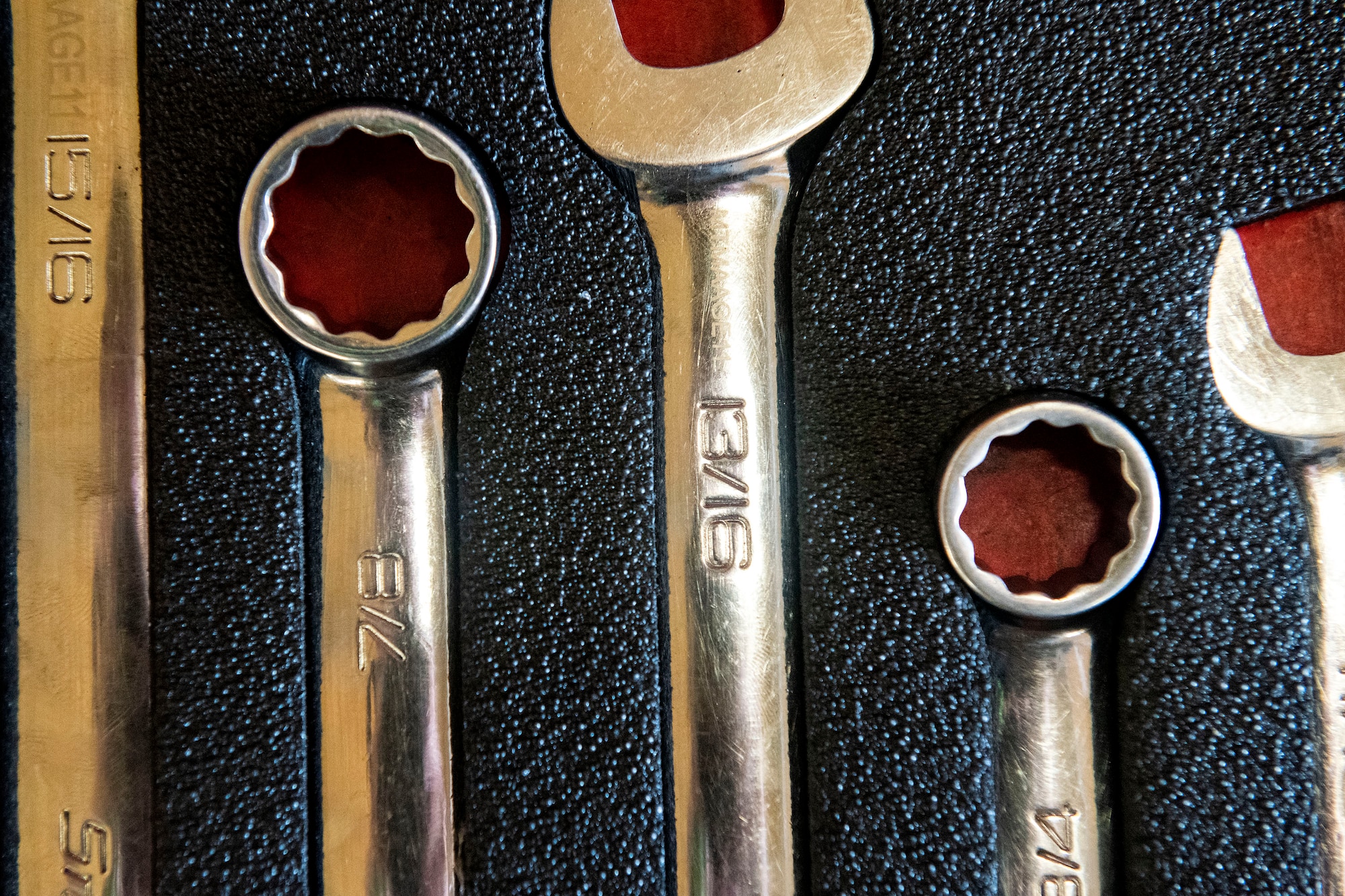 Wrenches from the aerospace ground equipment (AGE) flight rest in a tool storage box, June 21, 2019, at Moody Air Force Base, Ga. Tools like these are used daily by the AGE maintenance professionals to fix and repair the equipment they service. (U.S. Air Force photo by Senior Airman Erick Requadt)