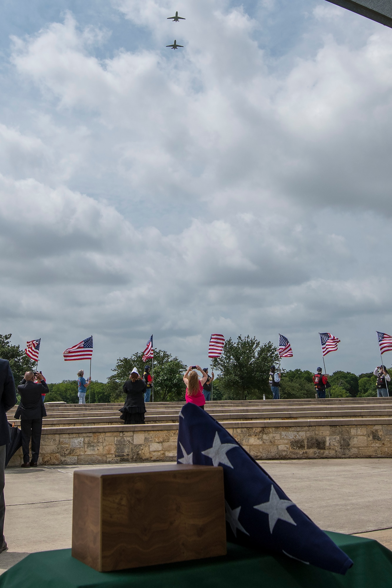A memorial service for Dr. Granville Coggs, a Documented Original Tuskegee Airman, was held on Friday, June 21, 2019 at Fort Sam Houston National Cemetery. The service culminated in a flyover conducted by two 99th Flying Training Squadron T-1A Jayhawks emblazoned with the “Red Tails” associated with the Tuskegee Airmen. 
(U.S. Air Force photo by: Tristin English)