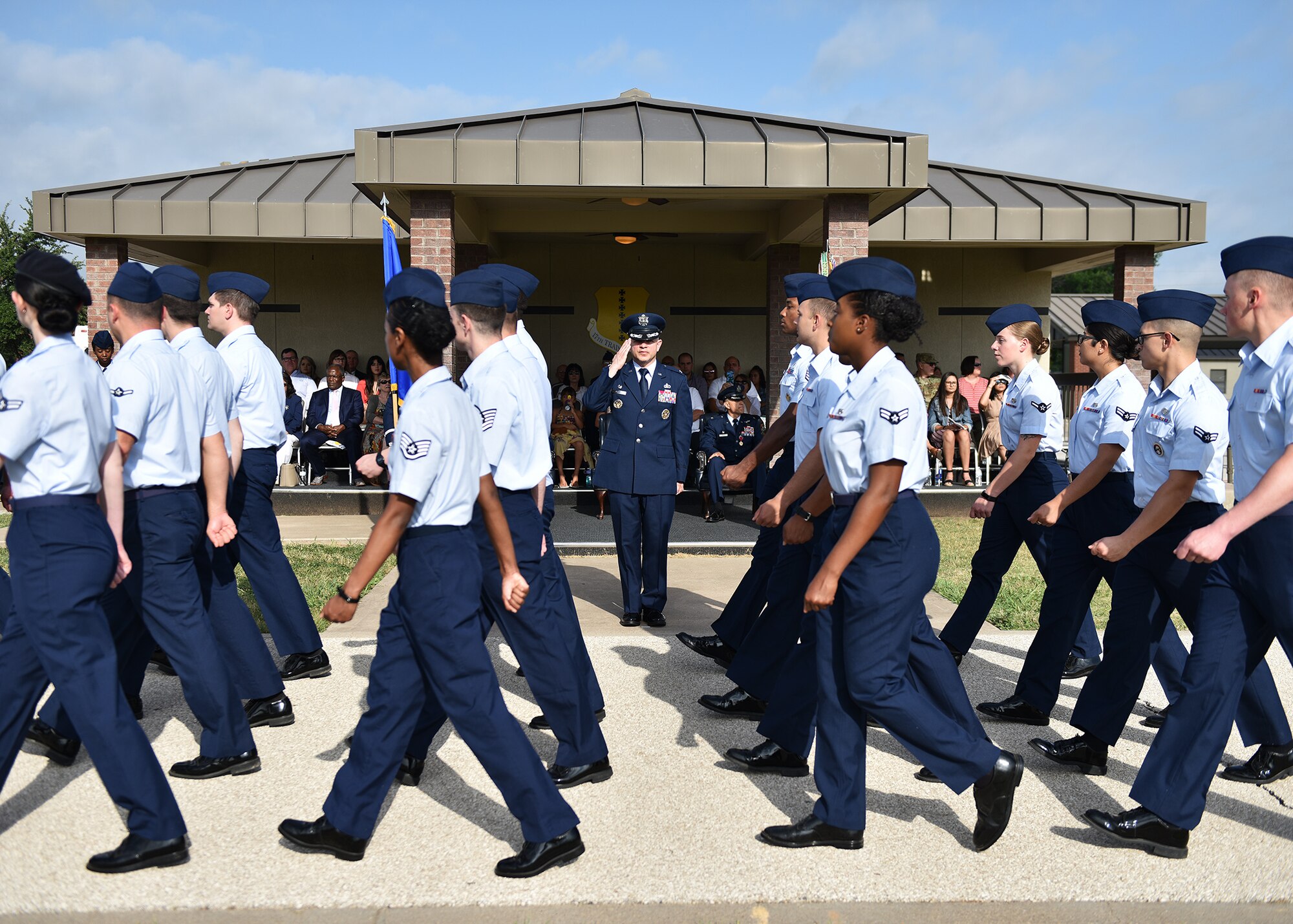 U.S. Air Force Col. Andres Nazario, 17th Training Wing commander, salutes the formation during the pass in review portion of the 17th TRW change of command ceremony at the parade field on Goodfellow Air Force Base, Texas, June 28, 2019. The pass in review is a military tradition meant as a way for a new commander to inspect the troops. (U.S. Air Force photo by Staff Sgt. Chad Warren/Released)