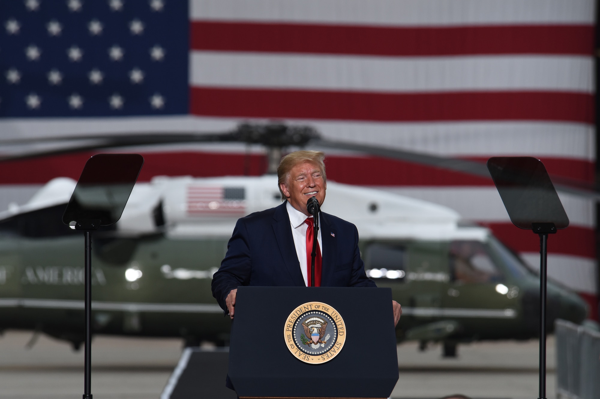 President Donald J. Trump addresses service members and their families during an event at Osan Air Base, Republic of Korea, June 30, 2019. U.S. Forces Korea supports a wide array of joint and combined operations giving service members regular training interactions with others services and multi-national forces. (U.S. Air Force photo by Staff Sgt. Sergio A. Gamboa)