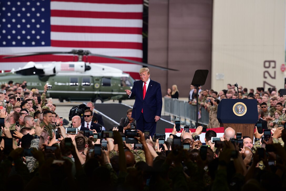 President Donald J. Trump addresses service members stationed during his visit to Osan Air Base, Republic of Korea, June 30, 2019.  U.S. forces across the peninsula are charged with the mission of deterring aggression, defending the Republic of Korea, and maintaining stability in Northeast Asia. (U.S. Air Force photo by Staff Sgt. James L. Miller)