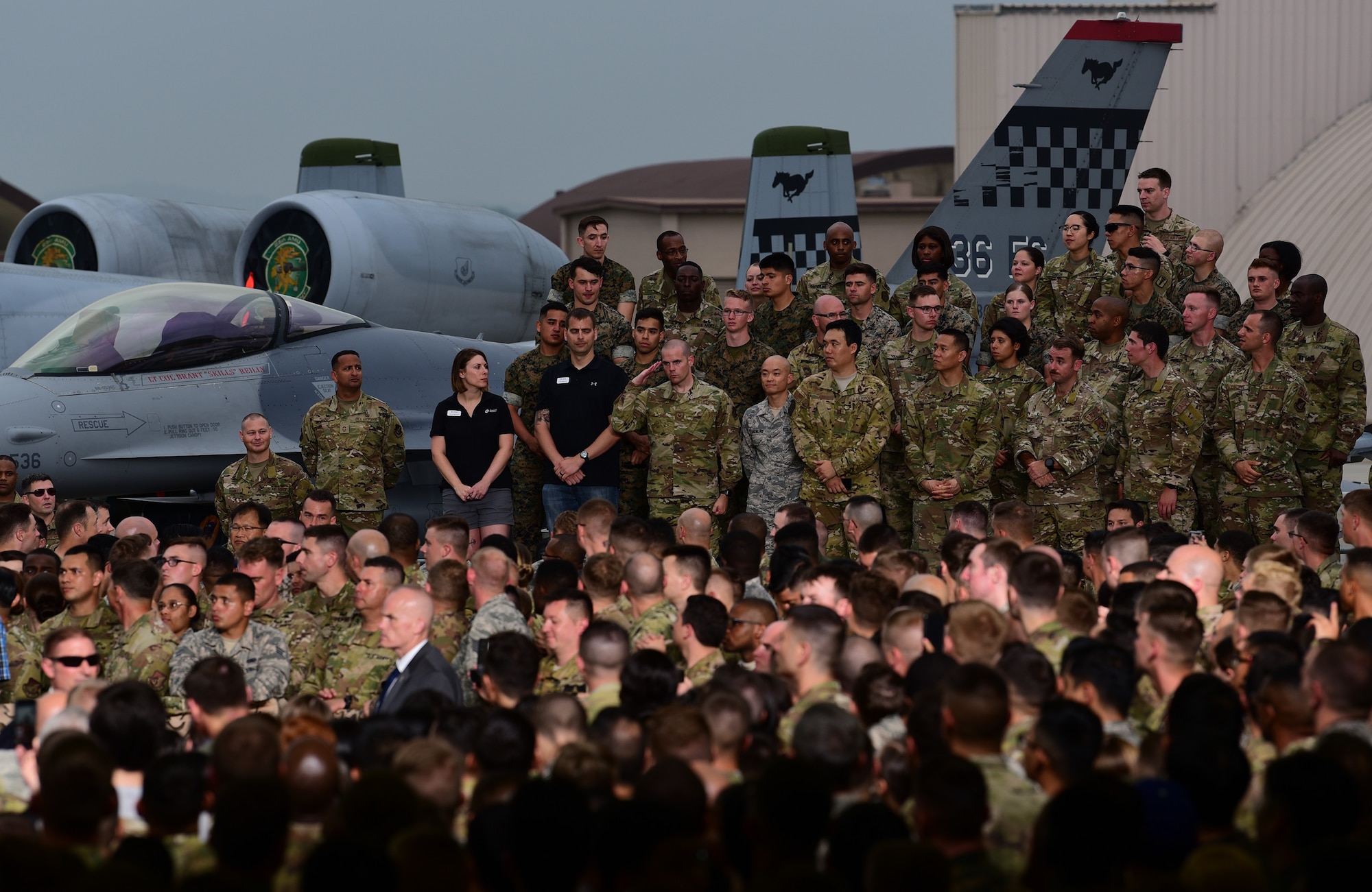 President Donald J. Trump addresses service members and their families during an event at Osan Air Base, Republic of Korea, June 30, 2019. U.S. Forces Korea supports a wide array of joint and combined operations giving service members regular training interactions with others services and multi-national forces. (U.S. Air Force photo by Staff Sgt. James L. Miller)